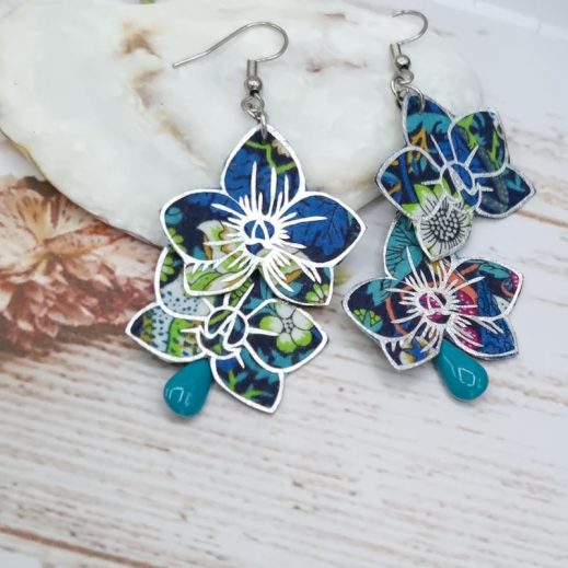 Boucles d'oreilles Orchidées en TISSU liberty Strawberry thief denim