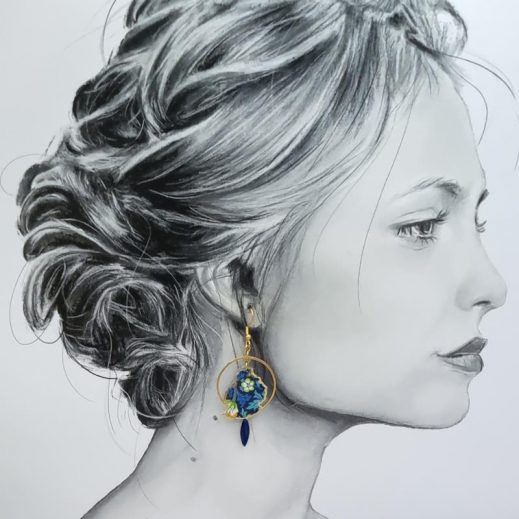 Boucles d'oreilles Dodo et île Maurice en liberty Strawberry thief denim Boucles d'oreilles Dodo et île Maurice en liberty Strawberry thief denim