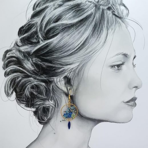 Boucles d'oreilles Dodo et île Maurice en liberty Strawberry thief denim Boucles d'oreilles Dodo et île Maurice en liberty Strawberry thief denim