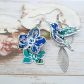 Boucles d'oreilles grand colibri et orchidée en TISSU japonais sakura bleu