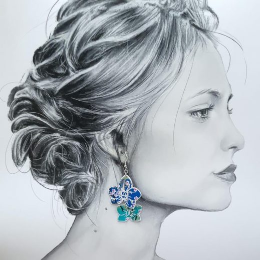 Boucles d'oreilles grand colibri et orchidée en TISSU japonais sakura bleu Boucles d'oreilles grand colibri et orchidée en TISSU japonais sakura bleu
