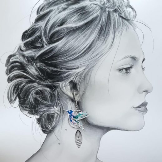 Boucles d'oreilles grand colibri et orchidée en TISSU japonais sakura bleu Boucles d'oreilles grand colibri et orchidée en TISSU japonais sakura bleu