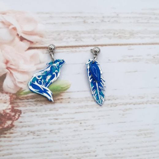Boucles d'oreilles Mini loup et mini plume en Tissu petit Pan Hanako bleu
