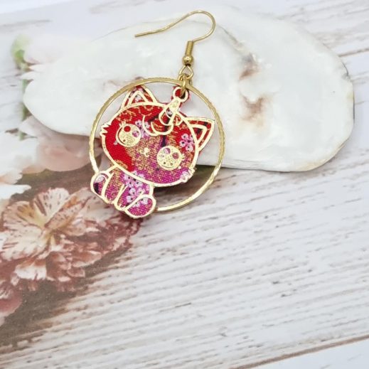 Boucle d'oreille Caticorne Kawaï à l'unité en TISSU sakura rouge