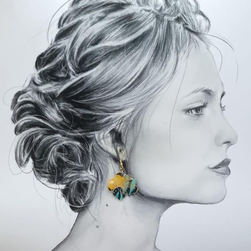 Boucles d'oreilles colibri et hibiscus en tissu Nagoya émeraude Boucles d'oreilles colibri et hibiscus en tissu Nagoya émeraude