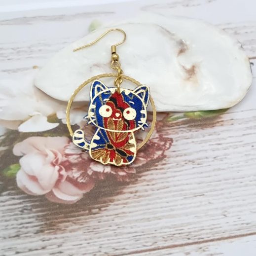 Boucle d'oreille chat Kawaï à l'unité en TISSU japonese butterfly blue