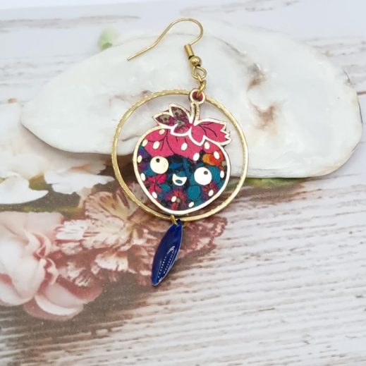 Boucle d'oreille fraise Kawaï à l'unité en TISSU Ciara pétrole