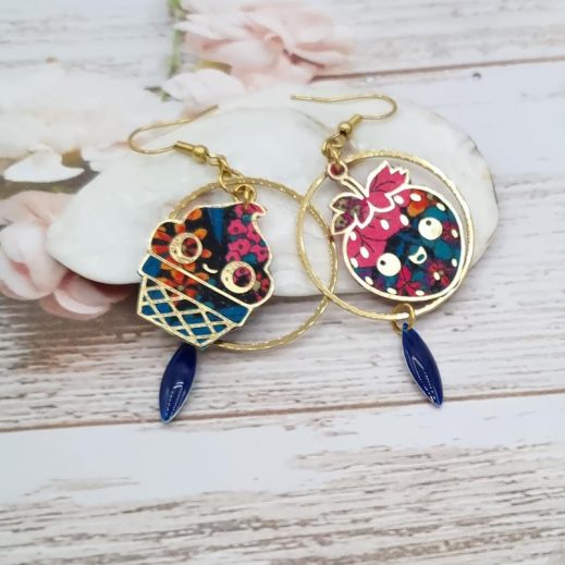 Boucles d'oreilles Fraise et Cupcake Kawaï en TISSU Ciara pétrole