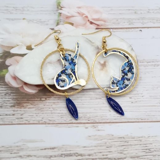 Boucles d'oreilles chats en Tissu Liberty pepper blue
