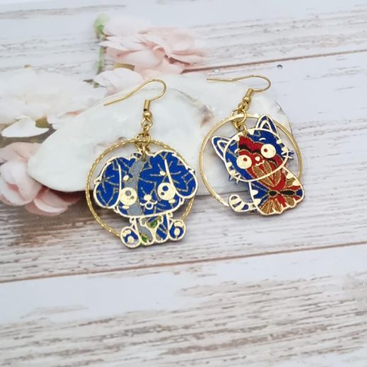 Boucles d'oreilles chien et chat Kawaï en TISSU japonese butterfly blue