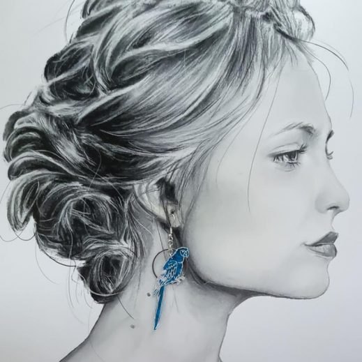 Boucles d'oreilles Perroquet et plumes en liberty Maya bleu Boucles d'oreilles Perroquet et plumes en liberty Maya bleu