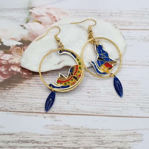 Boucles d'oreilles chats en tissus japonese butterfly blue