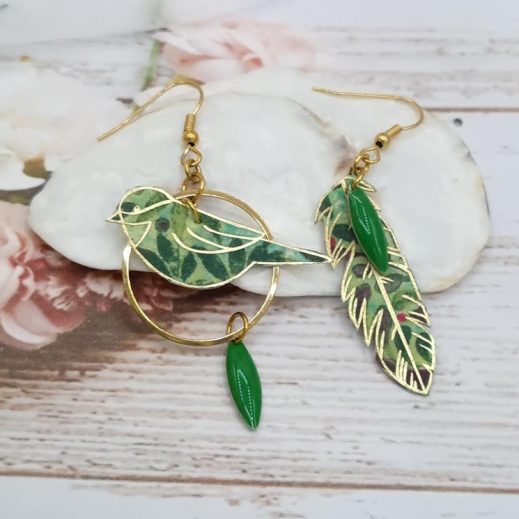 Boucles d'oreilles oiseau et plume en liberty David Joe Naturel