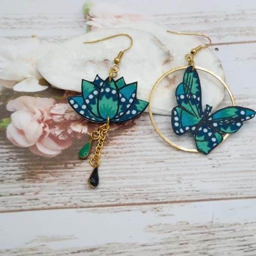 Boucles d'oreilles Papillon et lotus en Tissu petit Pan Wasabi vert