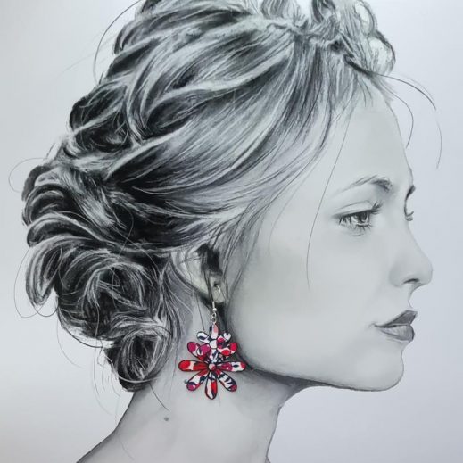Boucles d'oreilles grand colibri et fleurs en TISSU liberty Wiltshire rouge Boucles d'oreilles grand colibri et fleurs en TISSU liberty Wiltshire rouge