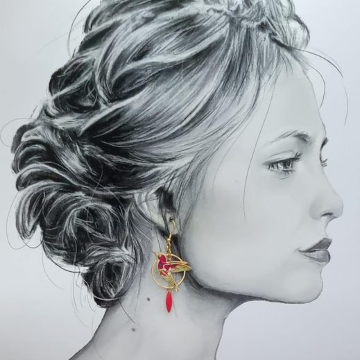 Boucles d'oreilles colibri et fleur Arum en liberty Margareth Annie fushia Boucles d'oreilles colibri et fleur Arum en liberty Margareth Annie fushia
