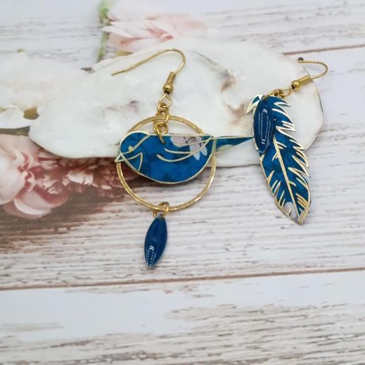 Boucles d'oreilles oiseau et plume en liberty maya bleu