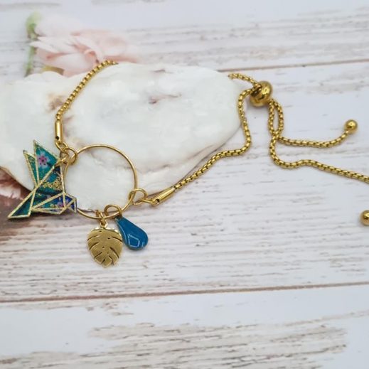 Bracelet ajustable acier doré avec oiseau grue origami en TISSU Sakura bleu