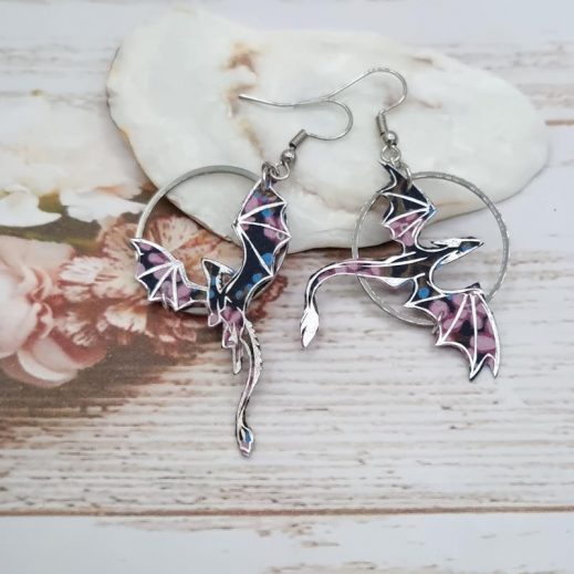 Boucles d'oreilles dragons taille moyenne en liberty Star anisé violet