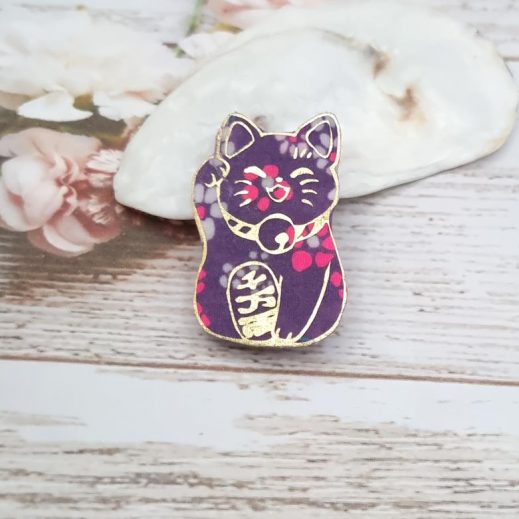 Broche chat Bonheur en TISSU Petit Pan Hanako violet