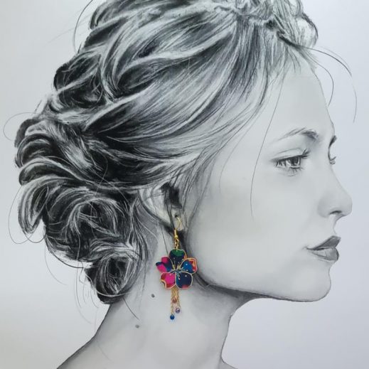 Boucles d'oreilles Caticorne et fleurs de cerisiers en liberty revival fushia Boucles d'oreilles Caticorne et fleurs de cerisiers en liberty revival fushia