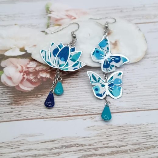 Boucles d'oreilles papillons et lotus en liberty Wiltshire cristal blue
