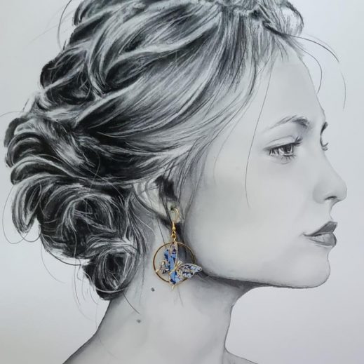 Boucles d'oreilles papillon et lys en liberty Straweberry thief majorelle Boucles d'oreilles papillon et lys en liberty Straweberry thief majorelle