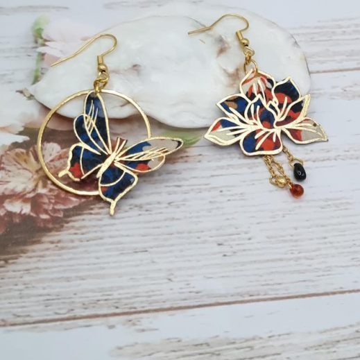 Boucles d'oreilles papillon et magnolia en liberty Thorpe rouille