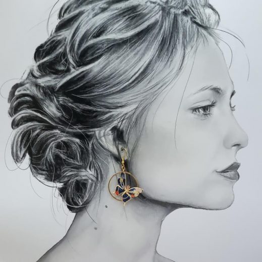 Boucles d'oreilles papillon et magnolia en liberty Thorpe rouille Boucles d'oreilles papillon et magnolia en liberty Thorpe rouille