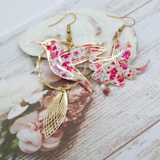 Boucles d'oreilles grand colibri et Fuchsia en Tissu liberty Phoebe Fuchsia