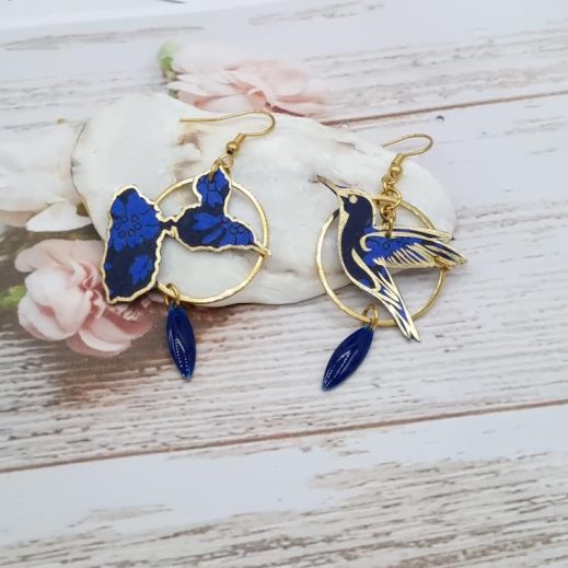Boucles d'oreilles Colibri et Guadeloupe en liberty Capel Indigo