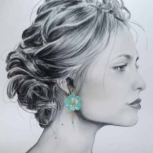 Boucles d'oreilles grandes créoles fleurs de cerisier et colibri en TISSU liberty Capel Mint Boucles d'oreilles grandes créoles fleurs de cerisier et colibri en TISSU liberty Capel Mint