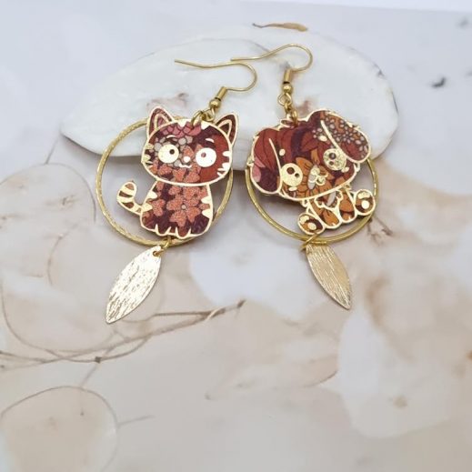 Boucles d'oreilles chien et chat Kawaï en TISSU Ciara fauve