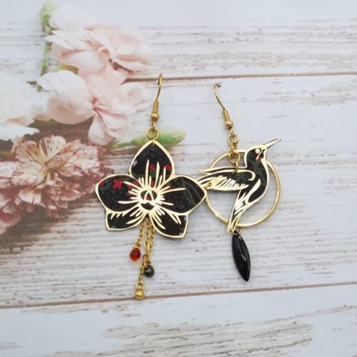 boucles d'oreilles colibri et orchidée en liberty Erica noir