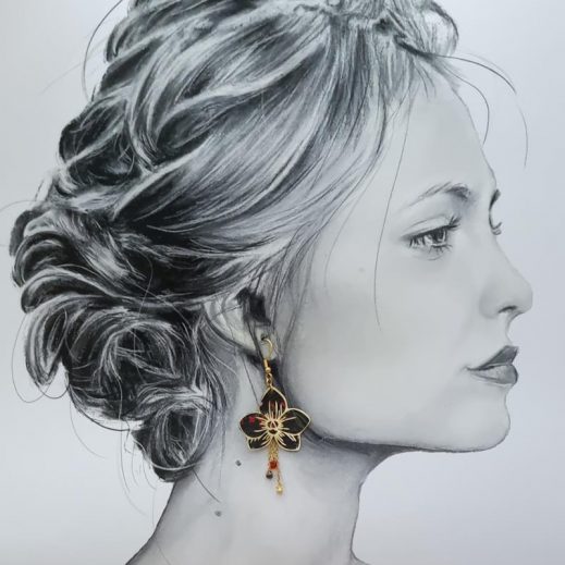 boucles d'oreilles colibri et orchidée en liberty Erica noir boucles d'oreilles colibri et orchidée en liberty Erica noir