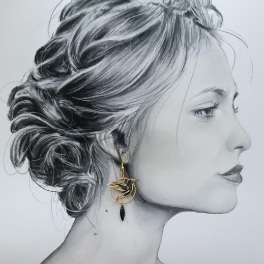 boucles d'oreilles colibri et orchidée en liberty Erica noir boucles d'oreilles colibri et orchidée en liberty Erica noir