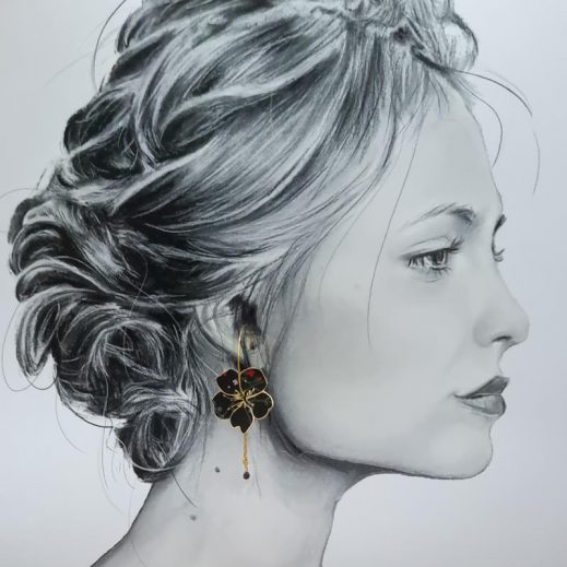 Boucles d'oreilles grandes créoles fleurs de cerisier en TISSU liberty Erica noir Boucles d'oreilles grandes créoles fleurs de cerisier en TISSU liberty Erica noir