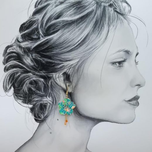 Boucles d'oreilles colibri et fleur de cerisier en petit pan calendula vert Boucles d'oreilles colibri et fleur de cerisier en petit pan calendula vert