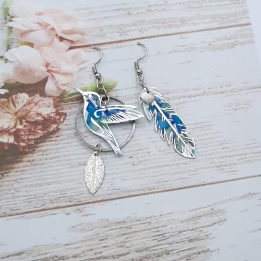 boucles d'oreilles colibri et plume en liberty Lilly Jane bleu