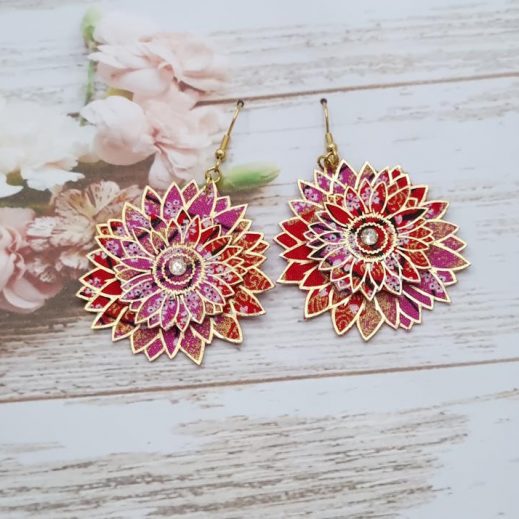 Boucles d'oreilles grands tournesols en Tissu japonais Sakura rouge