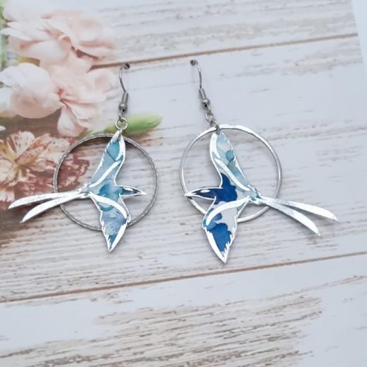 Boucles d'oreilles oiseau Paille en queue et La Réunion en liberty Lilly-Jane bleu