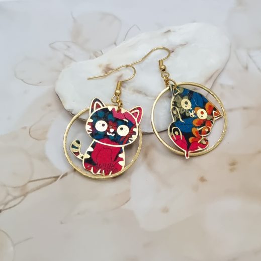 Boucles d'oreilles chat Kawaï en TISSU Ciara pétrole