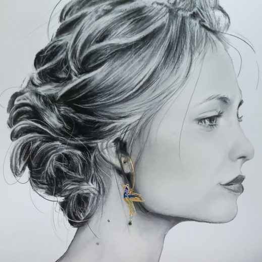 Boucles d'oreilles grandes créoles fleur de cerisier et colibri en TISSU japonais Sakura bleu Boucles d'oreilles grandes créoles fleur de cerisier et colibri en TISSU japonais Sakura bleu