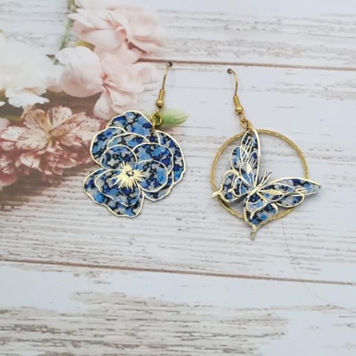 Boucles d'oreilles papillon et pensée en TISSU liberty pepper blues