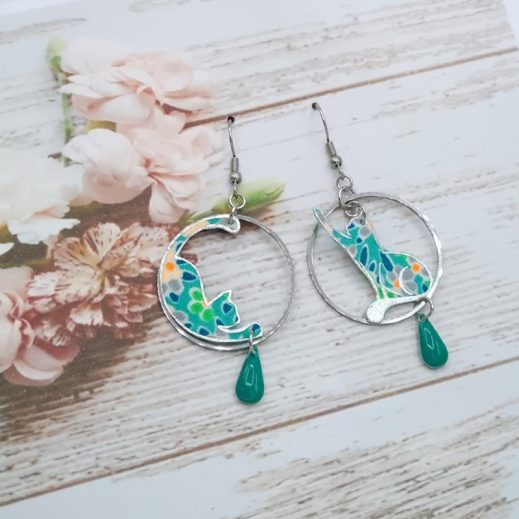 Boucles d'oreilles chats en tissus Petit Pan Calendula vert
