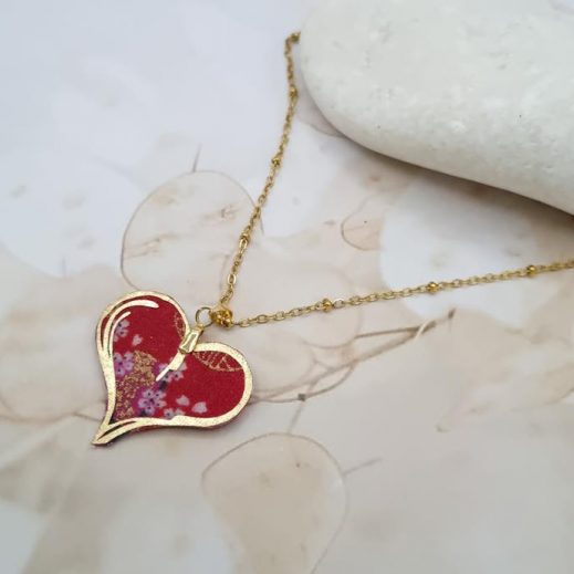 Collier coeur en Tissu Japonais Sakura rouge