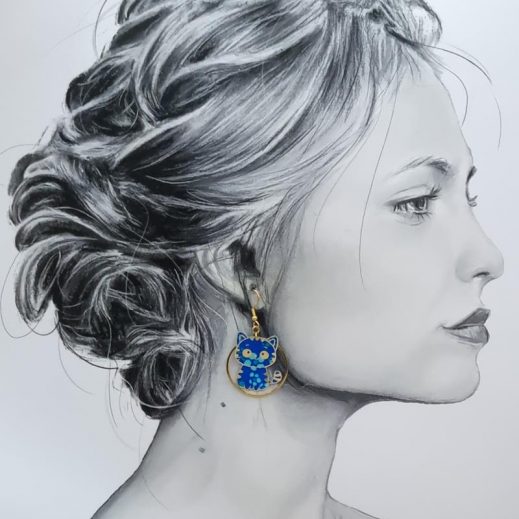 Boucles d'oreilles chat Kawaï en TISSU Hanako bleu Boucles d'oreilles chat Kawaï en TISSU Hanako bleu