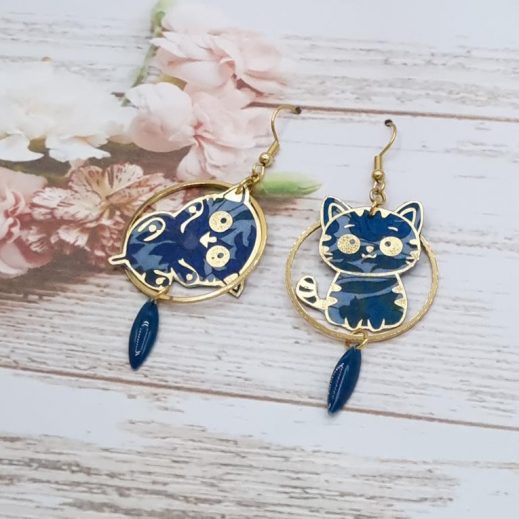 Boucles d'oreilles chat Kawaï en TISSU liberty Poppy and Daisy Colvert