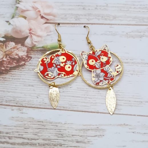 Boucles d'oreilles chat Kawaï en TISSU liberty Summer blooms coquelicot