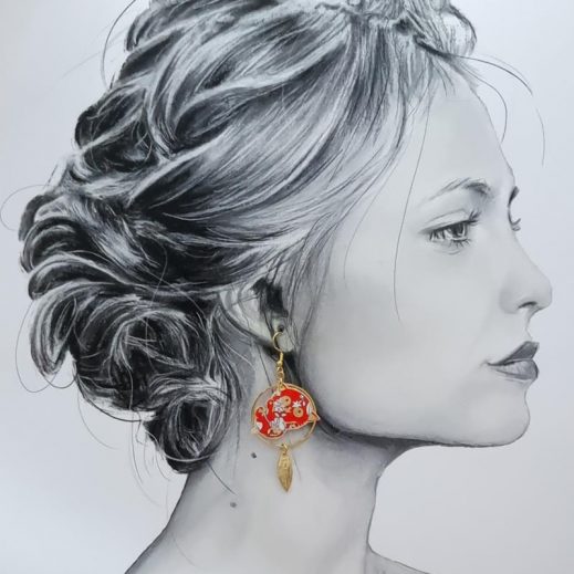 Boucles d'oreilles chat Kawaï en TISSU liberty Summer blooms coquelicot Boucles d'oreilles chat Kawaï en TISSU liberty Summer blooms coquelicot